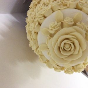top view of 6 tier chocolate rose cake